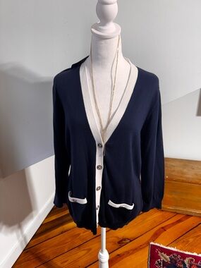 Chaps Navy and Cream V-Neck Button Front Cardigan NWT XL